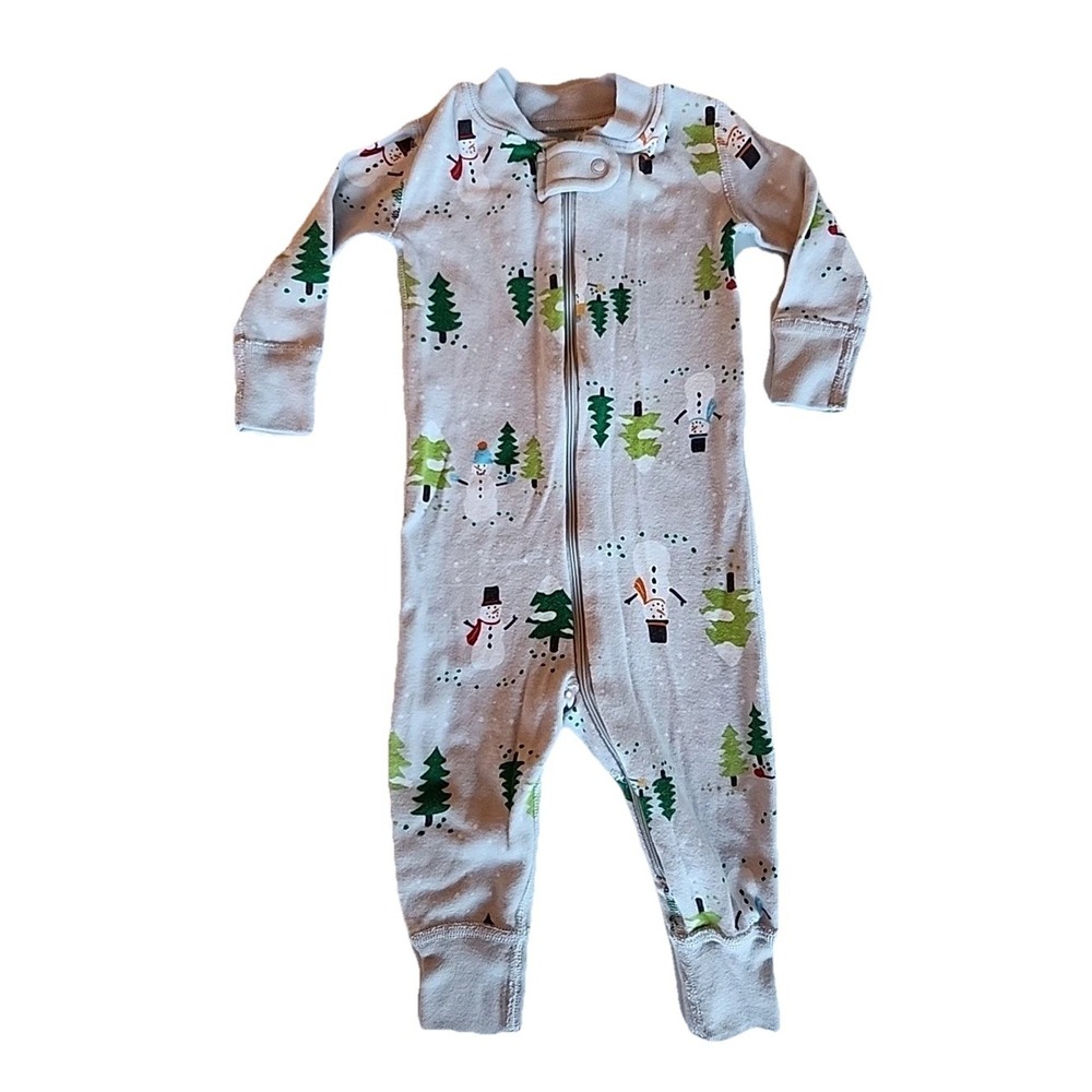 Hanna Andersson Moon & Back Romper Holiday Snowman Winter Zip Blue Sz 3-6‎ Mos
